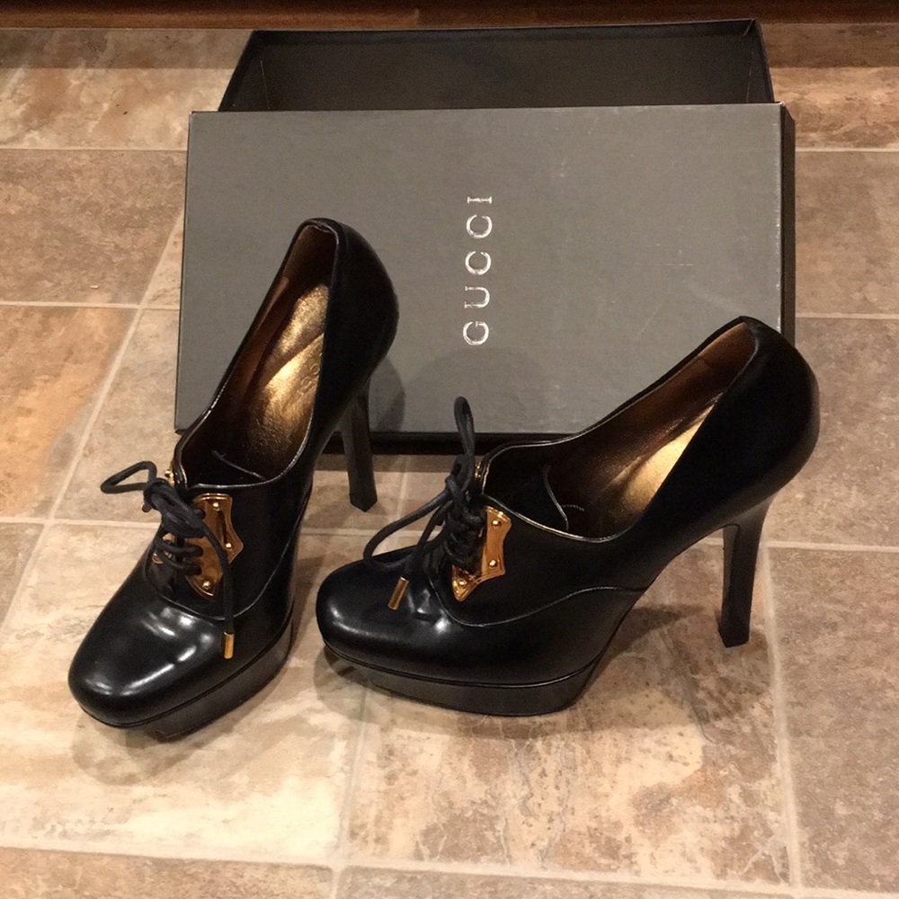 Gucci Black Leather with Gold Hardware Heels